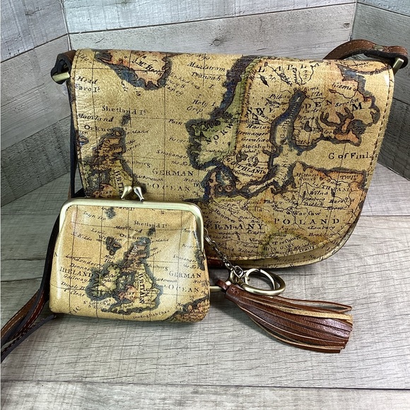 Patricia Nash Brinlee Saddle European  Map Crossbody Bag+ MATCHING COIN PURSE - Picture 8 of 12